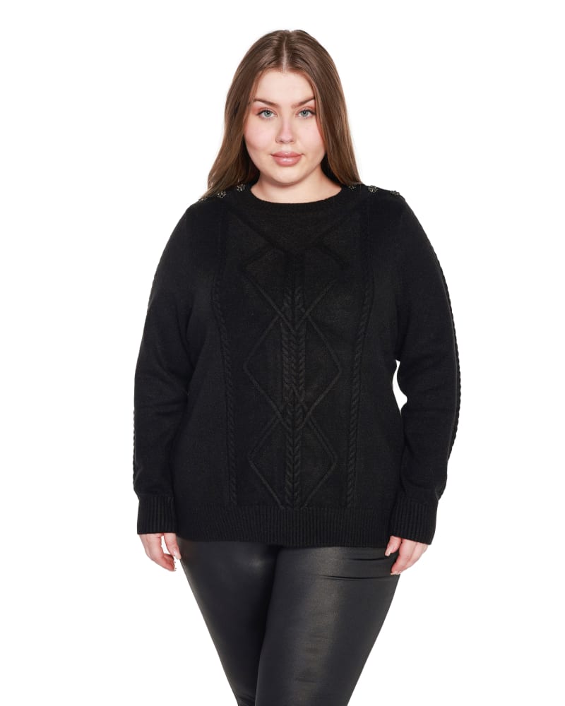 Front of a model wearing a size 1X Plus Size Embellished Cable Sweater in Black by Belldini. | dia_product_style_image_id:319418